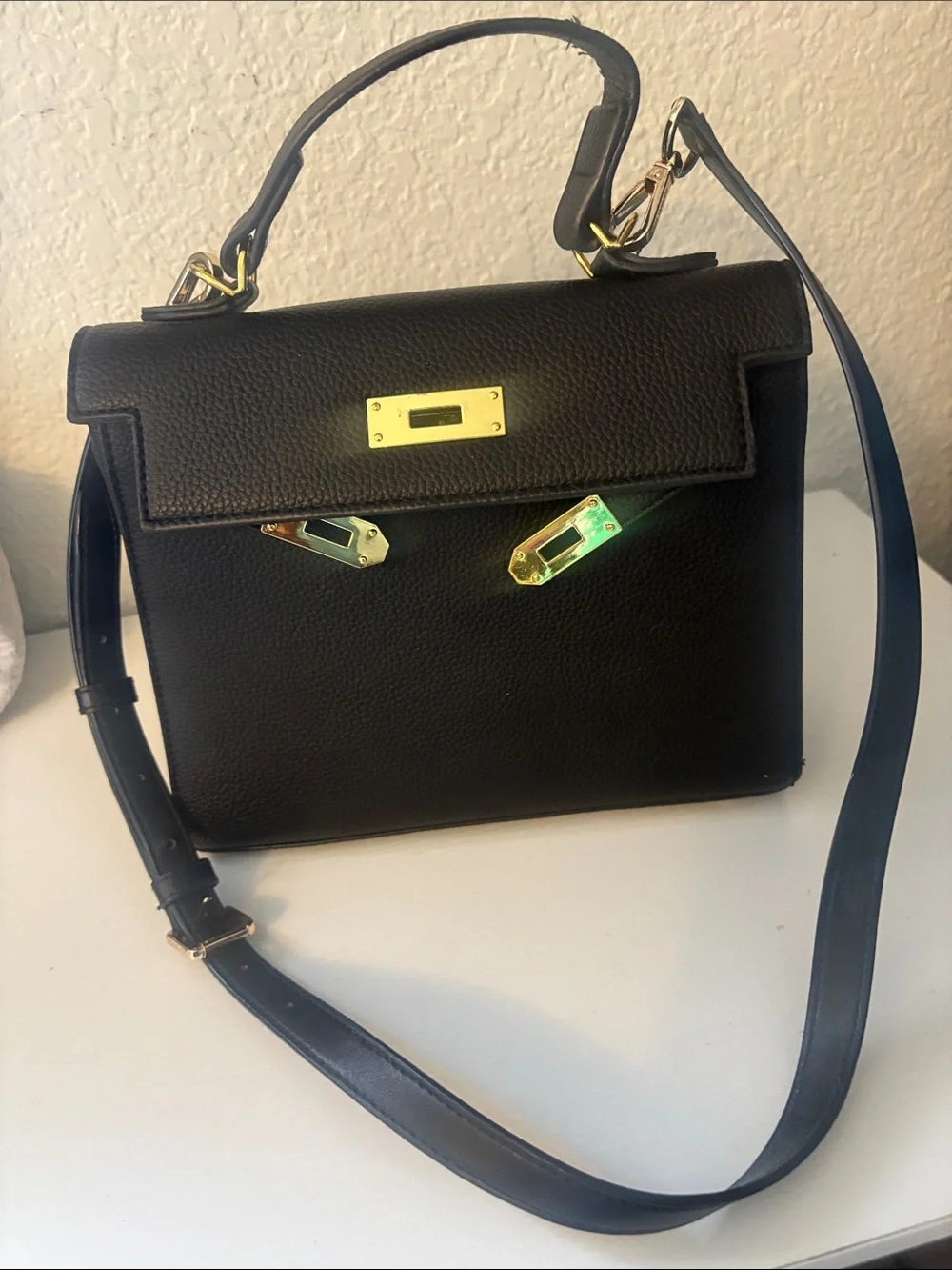 Black Pebbled Leather Top-Handle Satchel with Gold Hardware